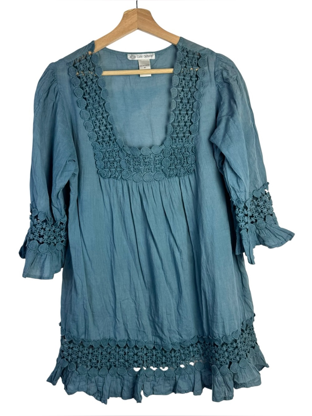 Boutique Cute Options Teal Blue Square Neck Lace Detail Half Sleeve Top XL